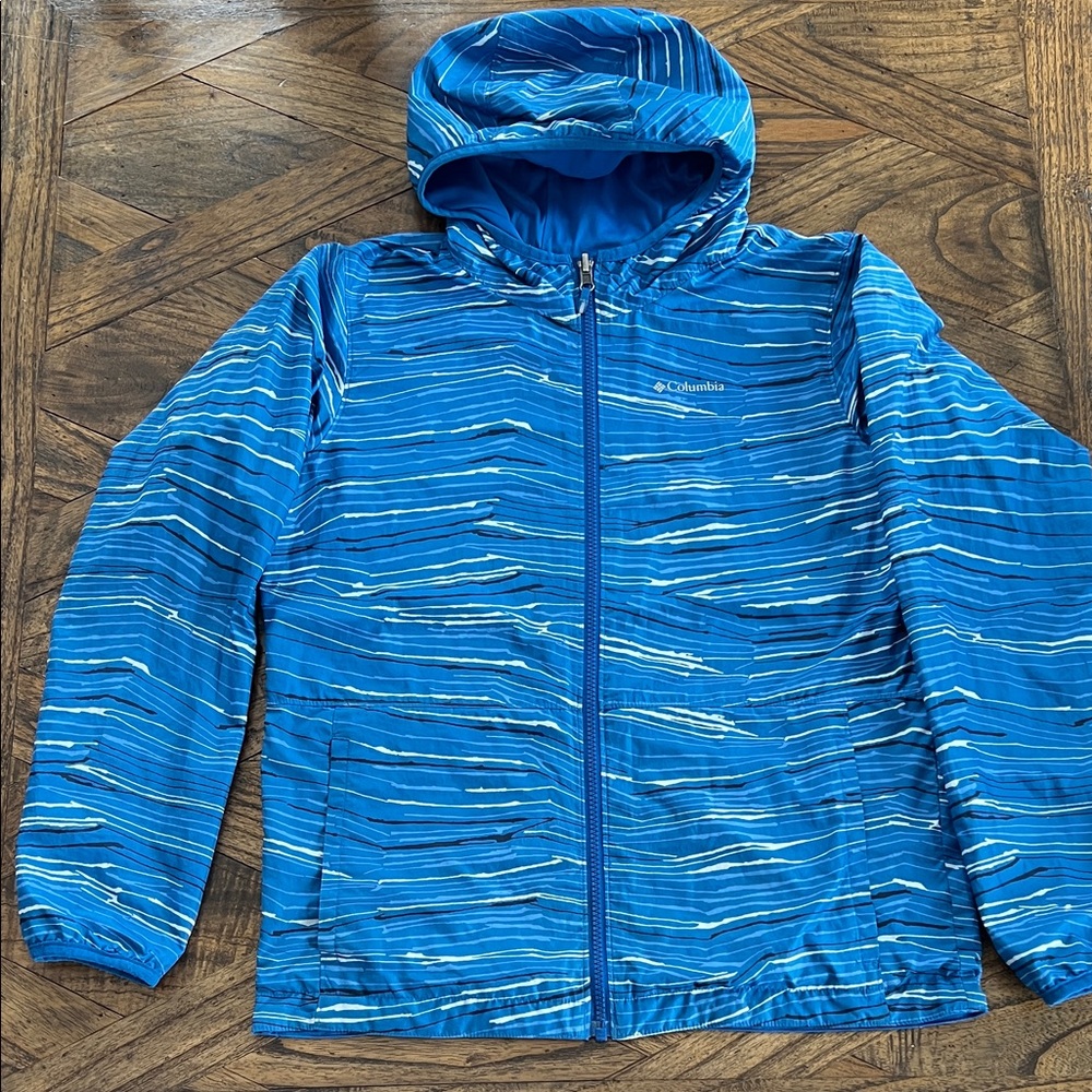 Columbia Kids Blue Striped Hooded Reversible Jacket, Pockets, Size L (14-16)